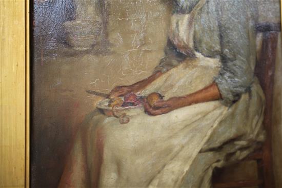 Edwin Harris (1855-1906) Interior with woman peeling vegetables, 13.5 x 10.25in.